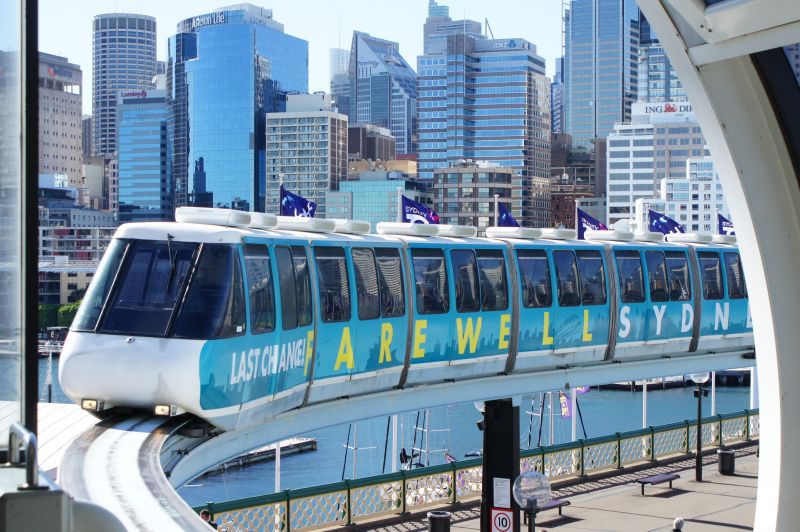 Set 4 - the preserved Farewell Sydney Monorail livery train arriving at Harbourside Station in 2013